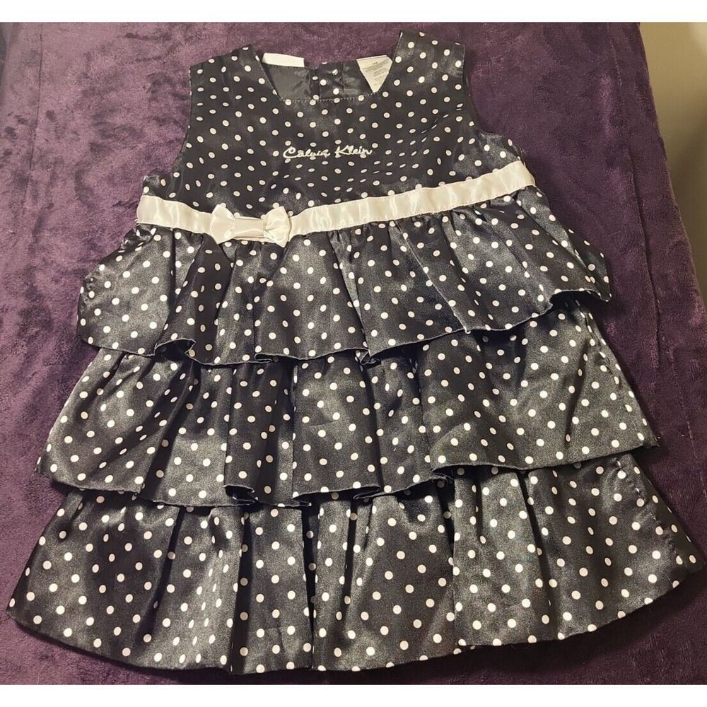Calvin Klein 24 Months Black with White Polka Dots and Bow Half Zip Tank Dress